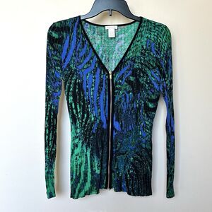 Cashe Sweater Women’s Med Full Zip Stretchy Green Purple Artsy
